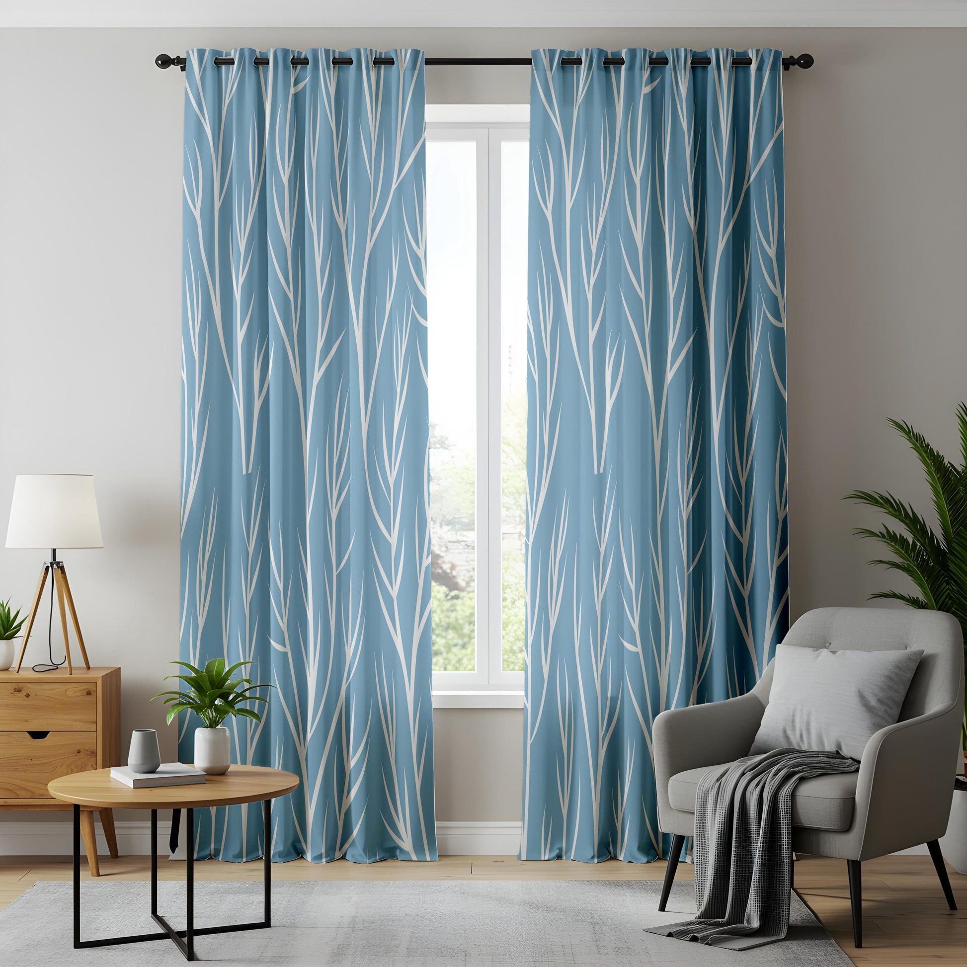 Onay Light Blue Tree Branch Curtains – Modern Coastal Minimalist Drapes