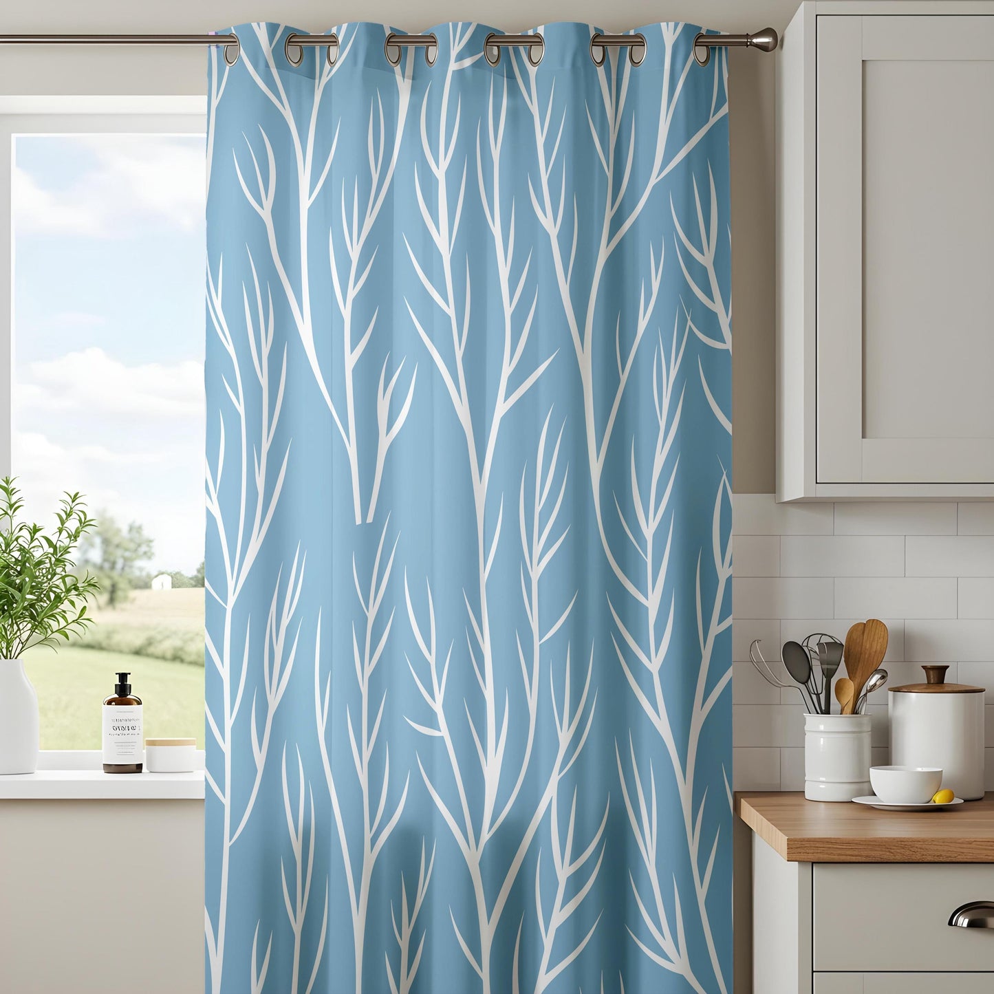 Onay Light Blue Tree Branch Curtains – Modern Coastal Minimalist Drapes
