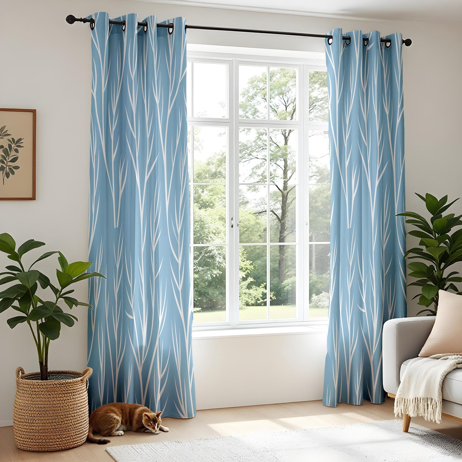 Onay Light Blue Tree Branch Curtains – Modern Coastal Minimalist Drapes