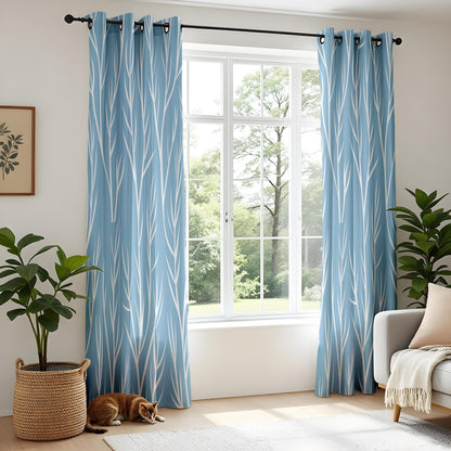 Onay Light Blue Tree Branch Curtains – Modern Coastal Minimalist Drapes