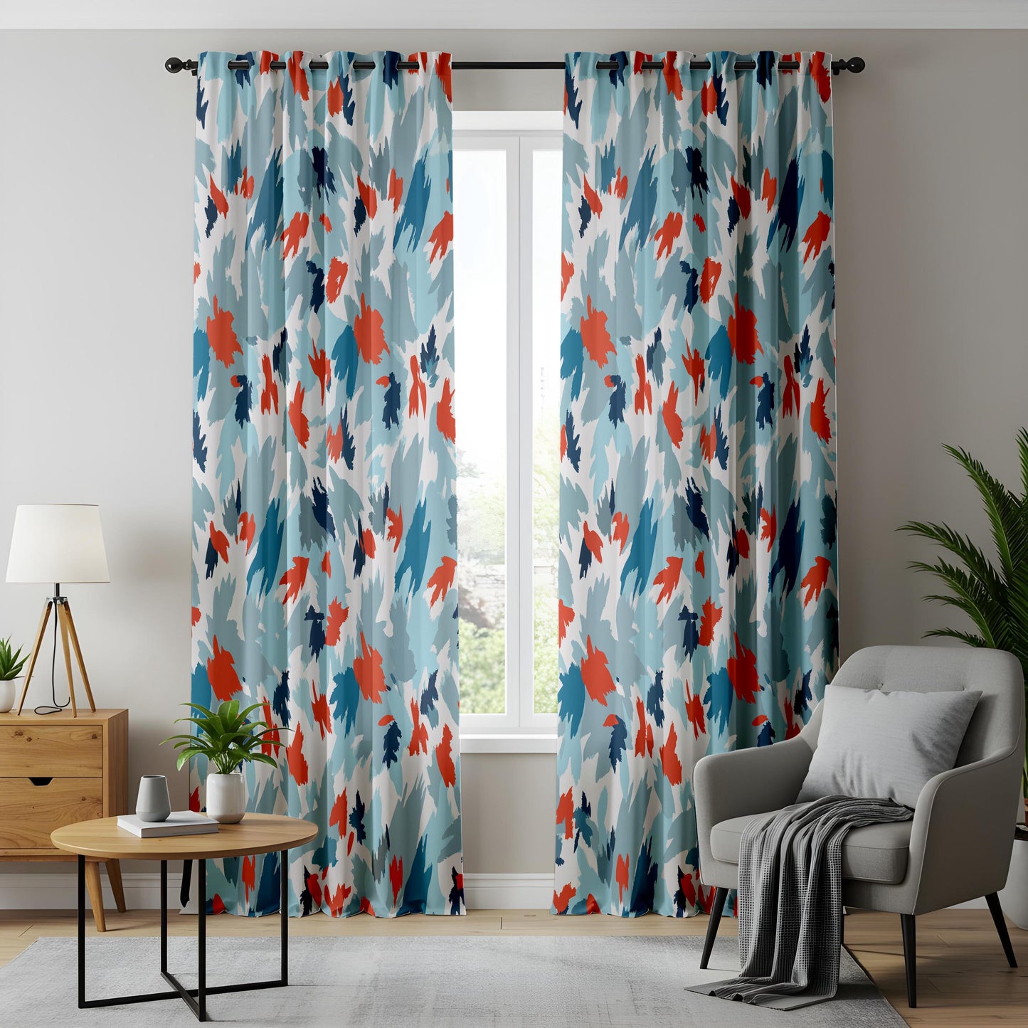 Onay Blue Orange Abstract Curtains – Modern Painterly Brushstroke Drapes