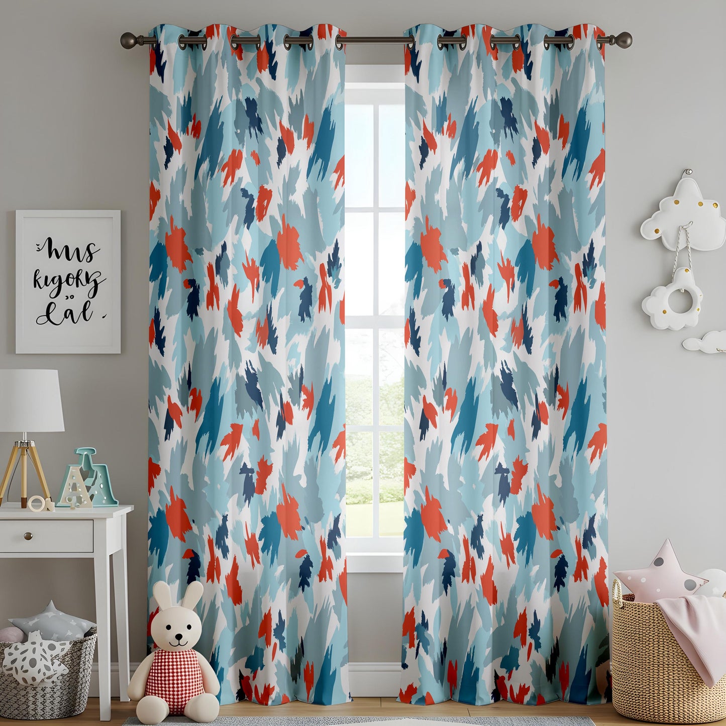 Onay Blue Orange Abstract Curtains – Modern Painterly Brushstroke Drapes