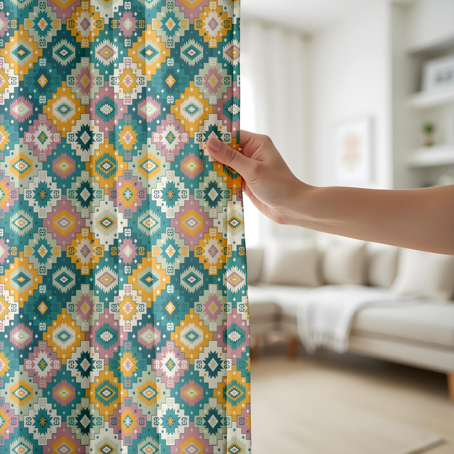 Onay Teal Mustard Boho Geometric Curtains – Southwestern Kilim Aztec Drapes
