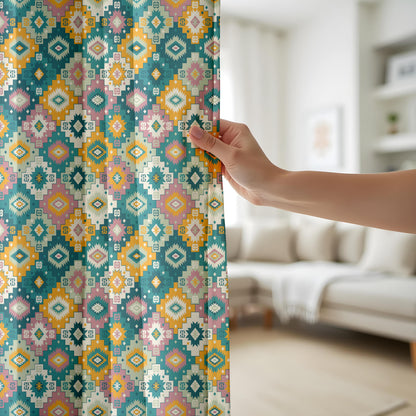 Onay Teal Mustard Boho Geometric Curtains – Southwestern Kilim Aztec Drapes