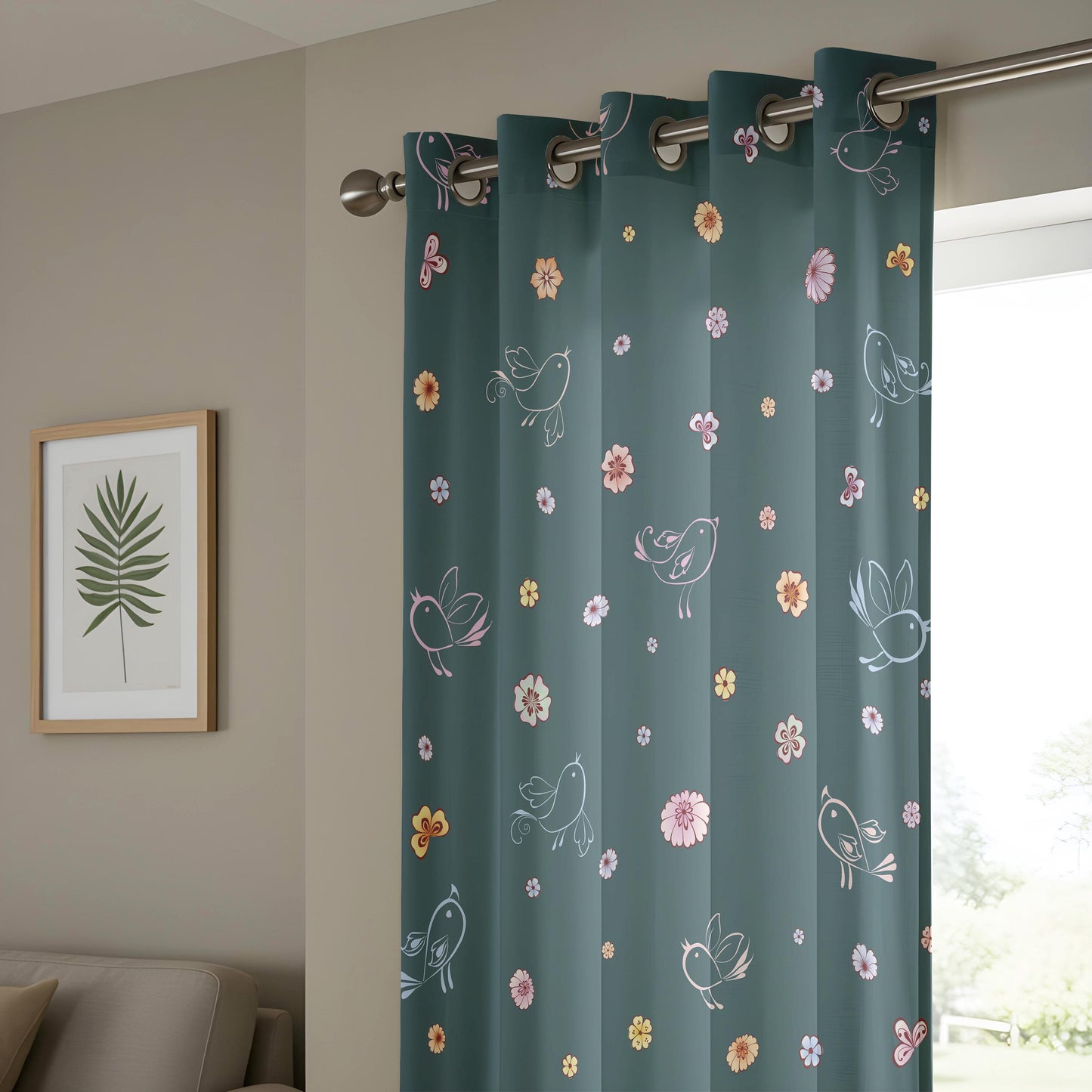 Onay Dark Teal Whimsical Bird Curtains – Floral Doodle Drapes