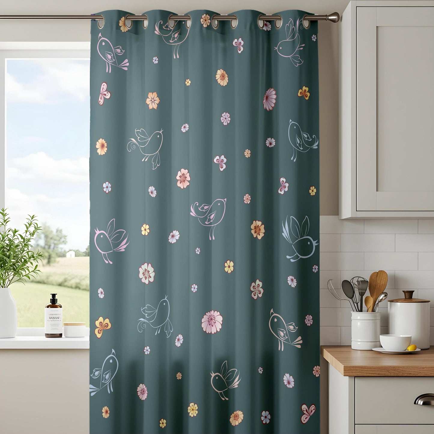 Onay Dark Teal Whimsical Bird Curtains – Floral Doodle Drapes