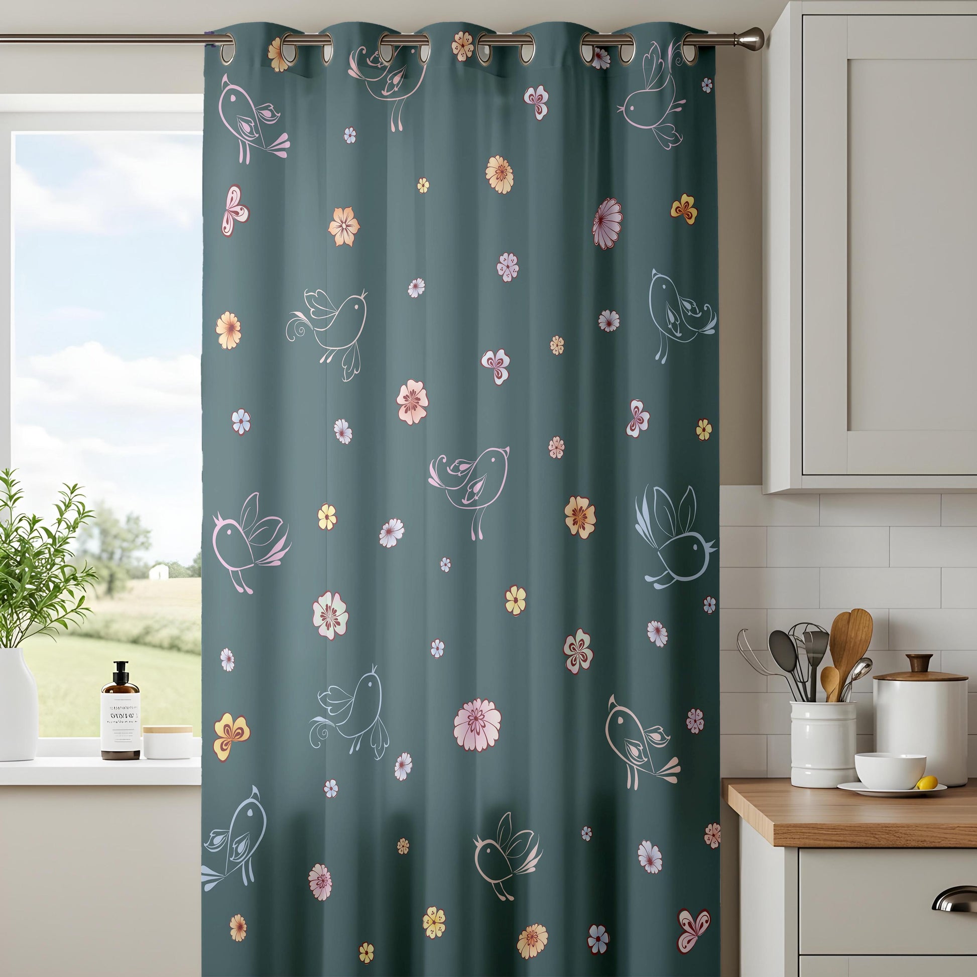 Onay Dark Teal Whimsical Bird Curtains – Floral Doodle Drapes