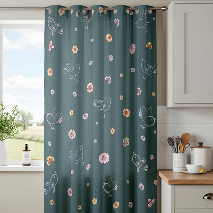 Onay Dark Teal Whimsical Bird Curtains – Floral Doodle Drapes