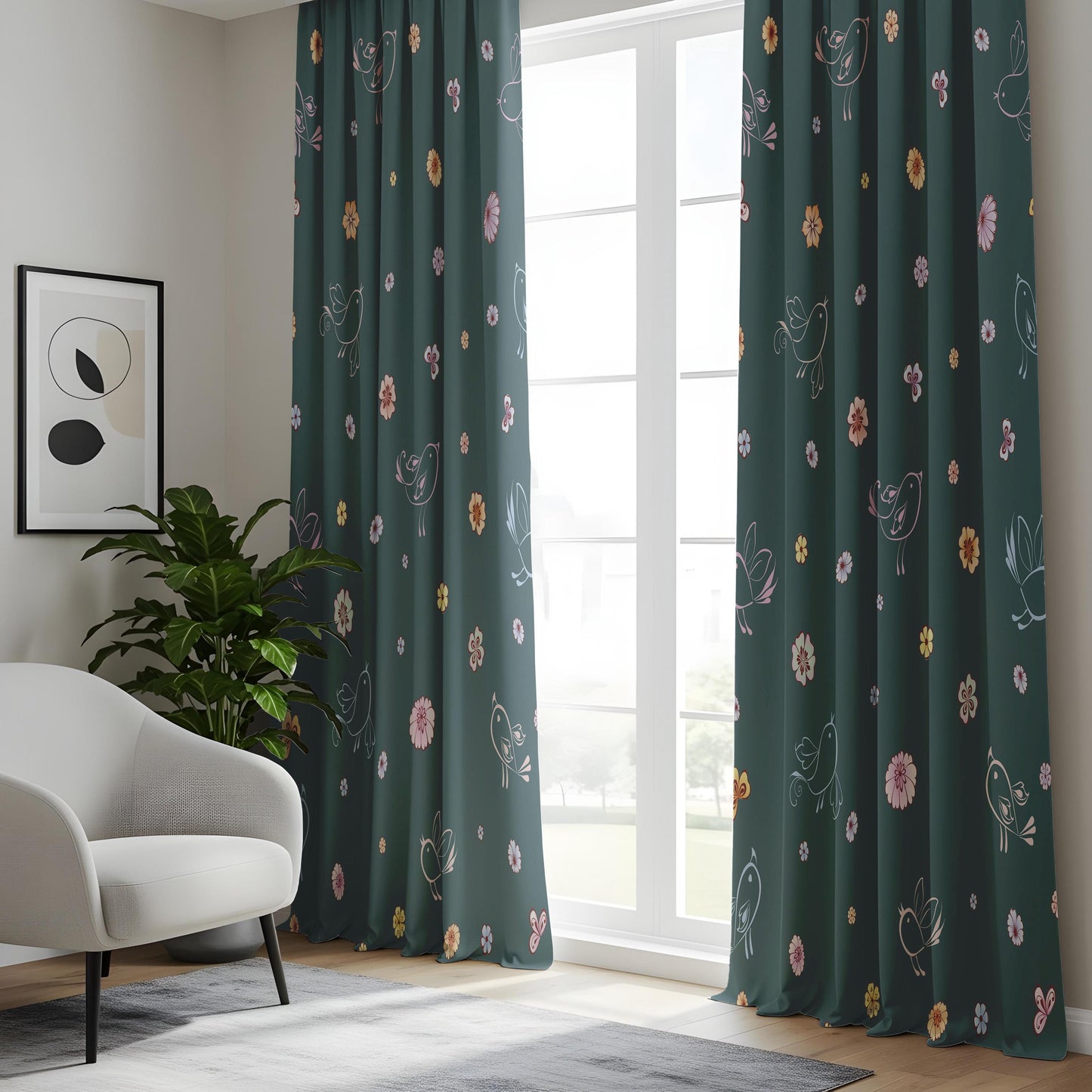 Onay Dark Teal Whimsical Bird Curtains – Floral Doodle Drapes
