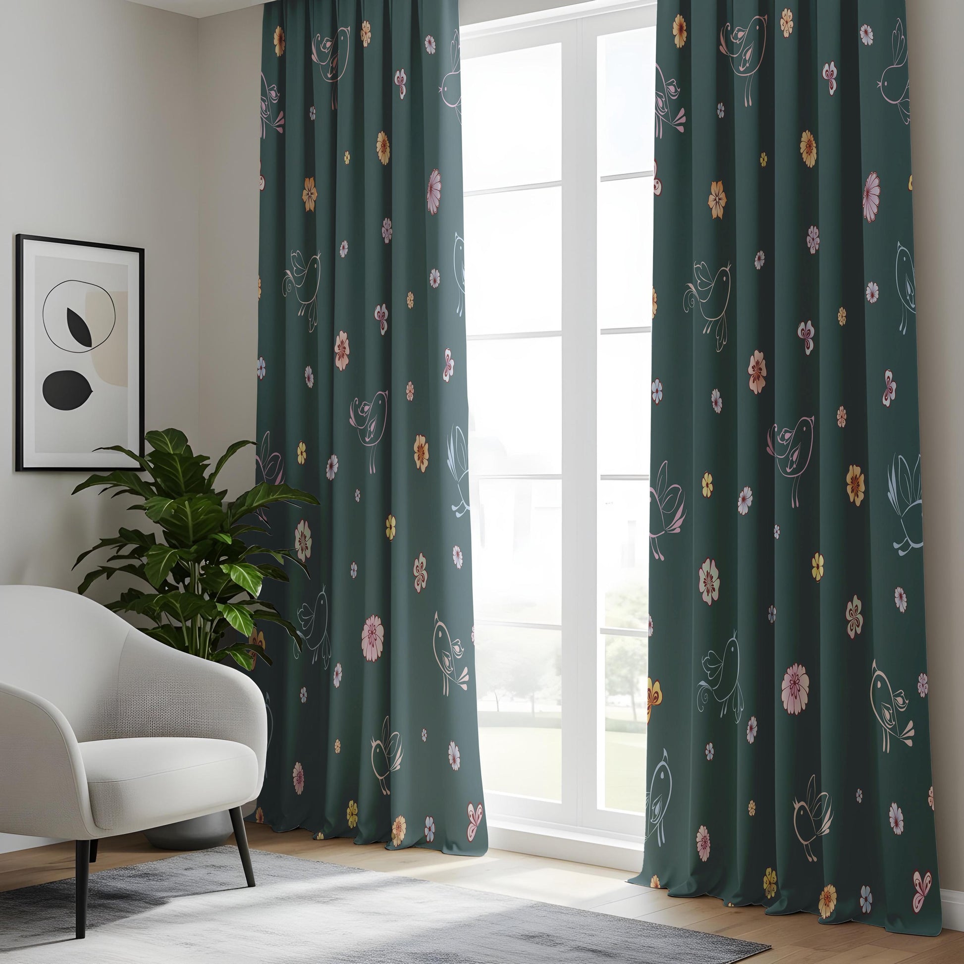 Onay Dark Teal Whimsical Bird Curtains – Floral Doodle Drapes