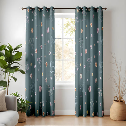 Onay Dark Teal Whimsical Bird Curtains – Floral Doodle Drapes