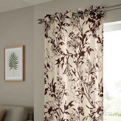 Onay Vintage Brown Floral Silhouette Curtains – Beige Botanical Vine Drapes