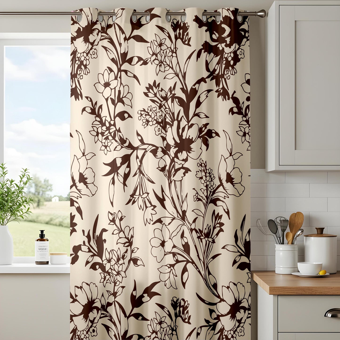 Onay Vintage Brown Floral Silhouette Curtains – Beige Botanical Vine Drapes