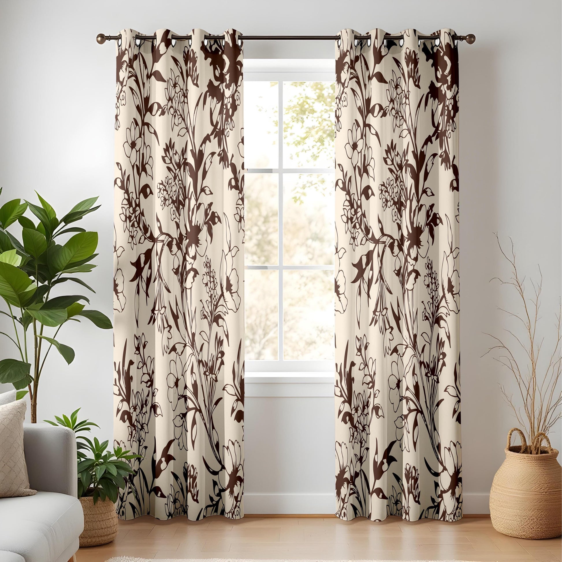 Onay Vintage Brown Floral Silhouette Curtains – Beige Botanical Vine Drapes