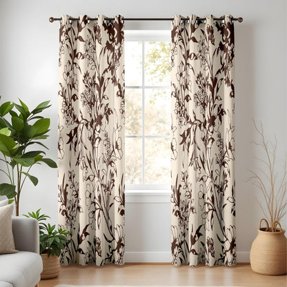 Onay Vintage Brown Floral Silhouette Curtains – Beige Botanical Vine Drapes