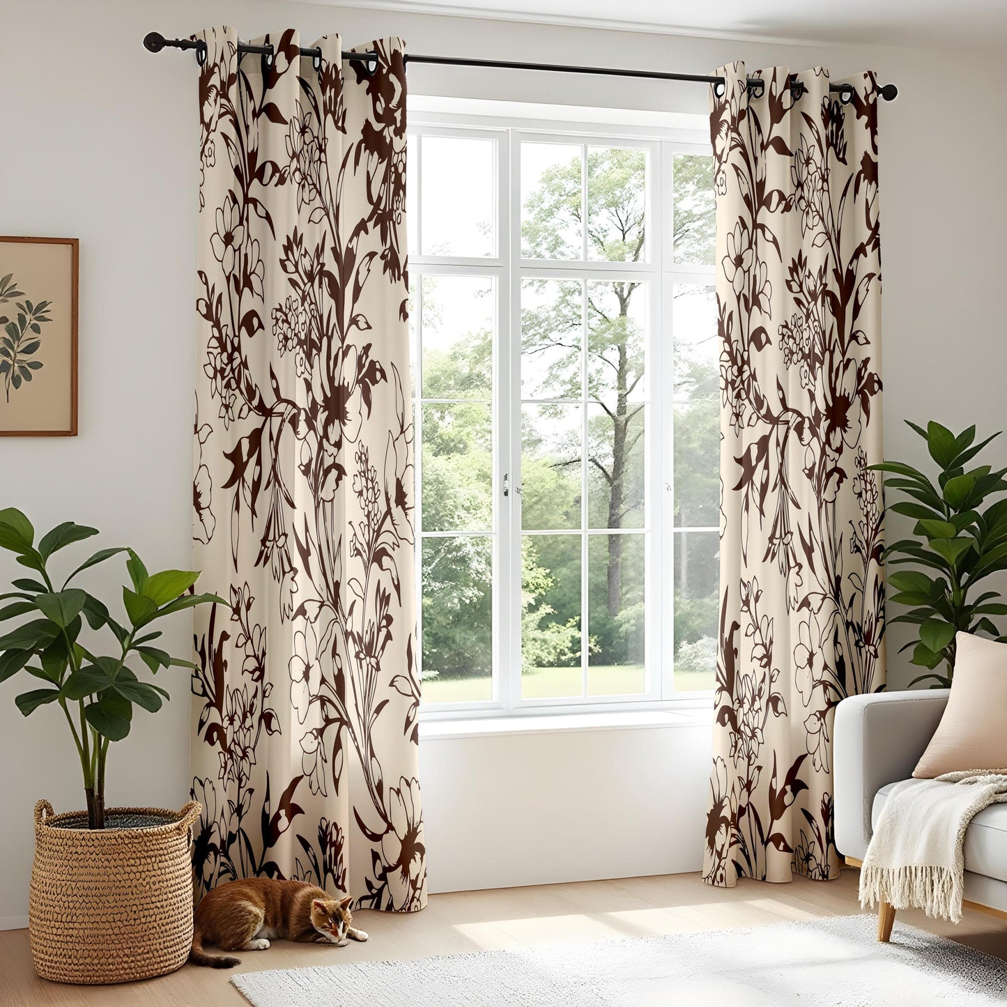 Onay Vintage Brown Floral Silhouette Curtains – Beige Botanical Vine Drapes