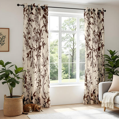 Onay Vintage Brown Floral Silhouette Curtains – Beige Botanical Vine Drapes