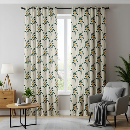 Onay Mid Century Modern Floral Curtains – Green Mustard Retro Sunburst Drapes