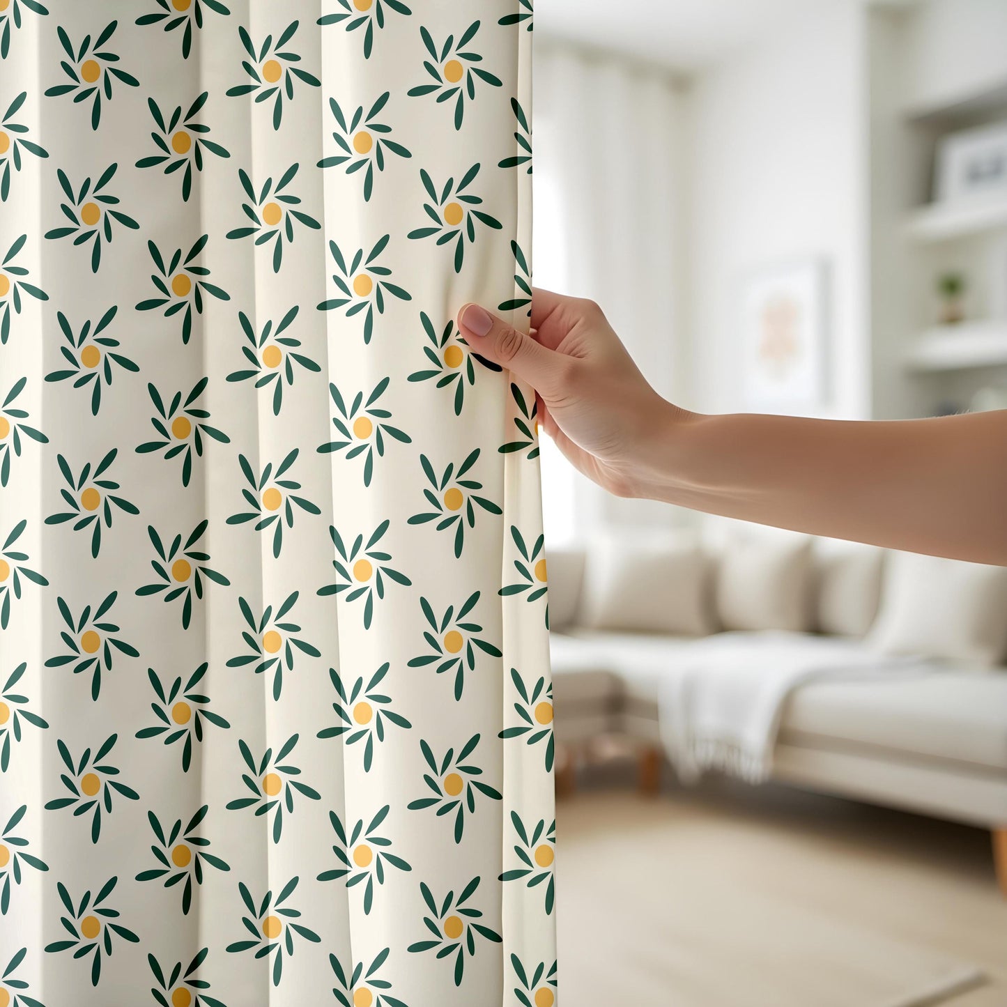 Onay Mid Century Modern Floral Curtains – Green Mustard Retro Sunburst Drapes