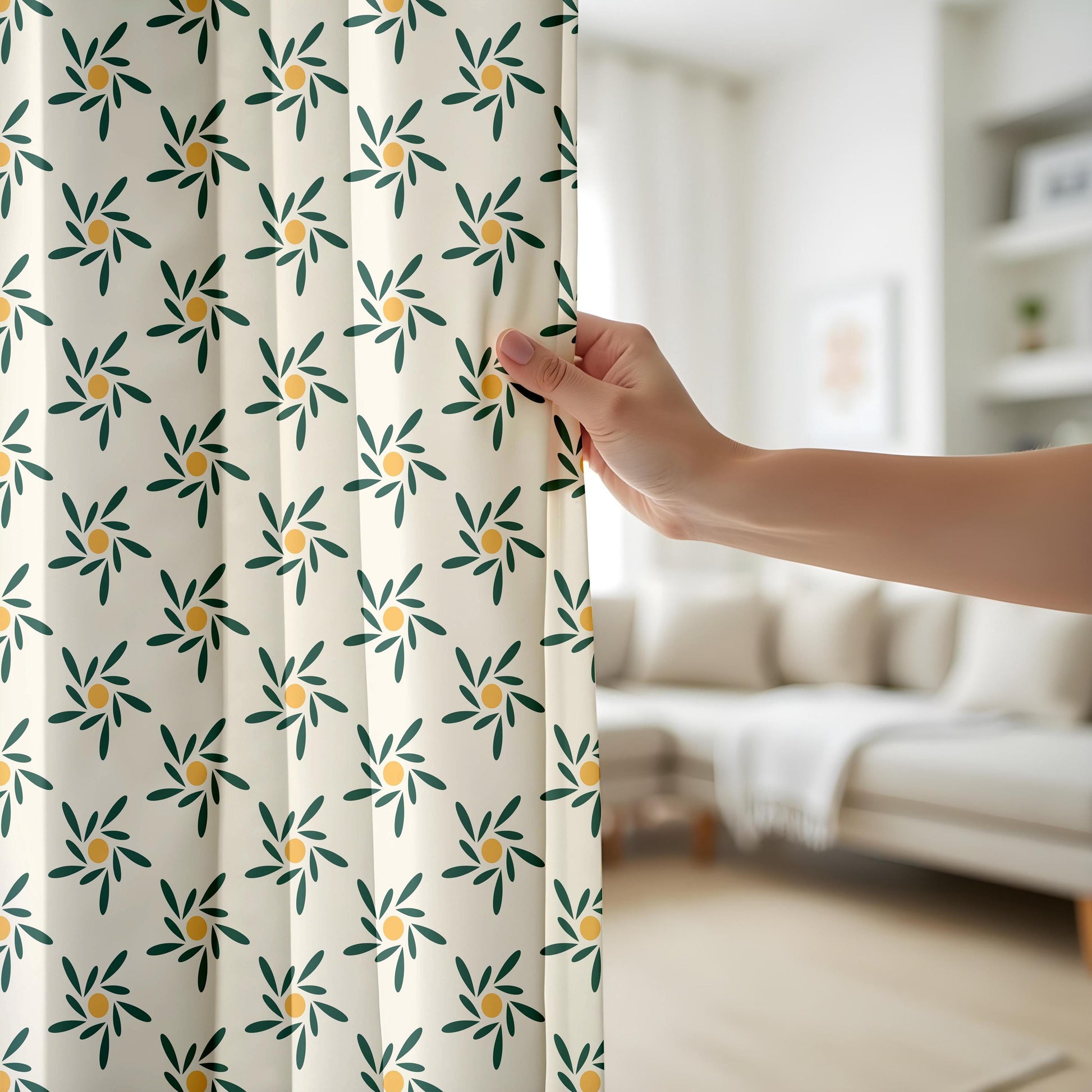 Onay Mid Century Modern Floral Curtains – Green Mustard Retro Sunburst Drapes