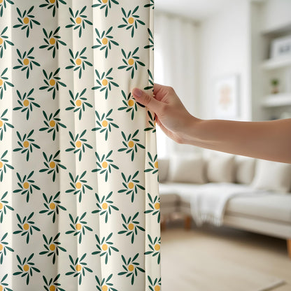 Onay Mid Century Modern Floral Curtains – Green Mustard Retro Sunburst Drapes