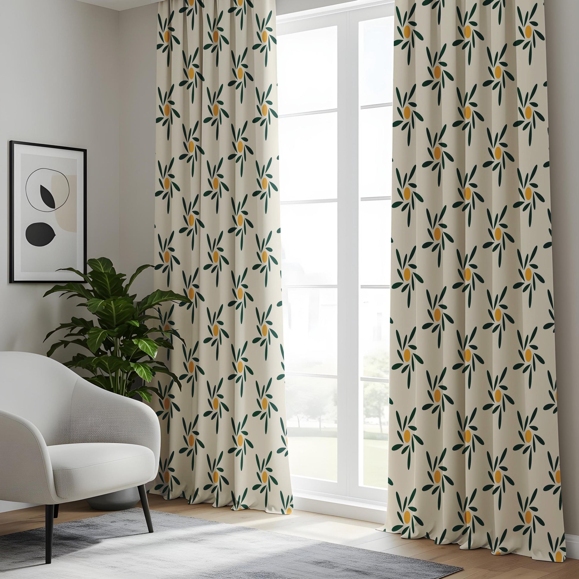 Onay Mid Century Modern Floral Curtains – Green Mustard Retro Sunburst Drapes