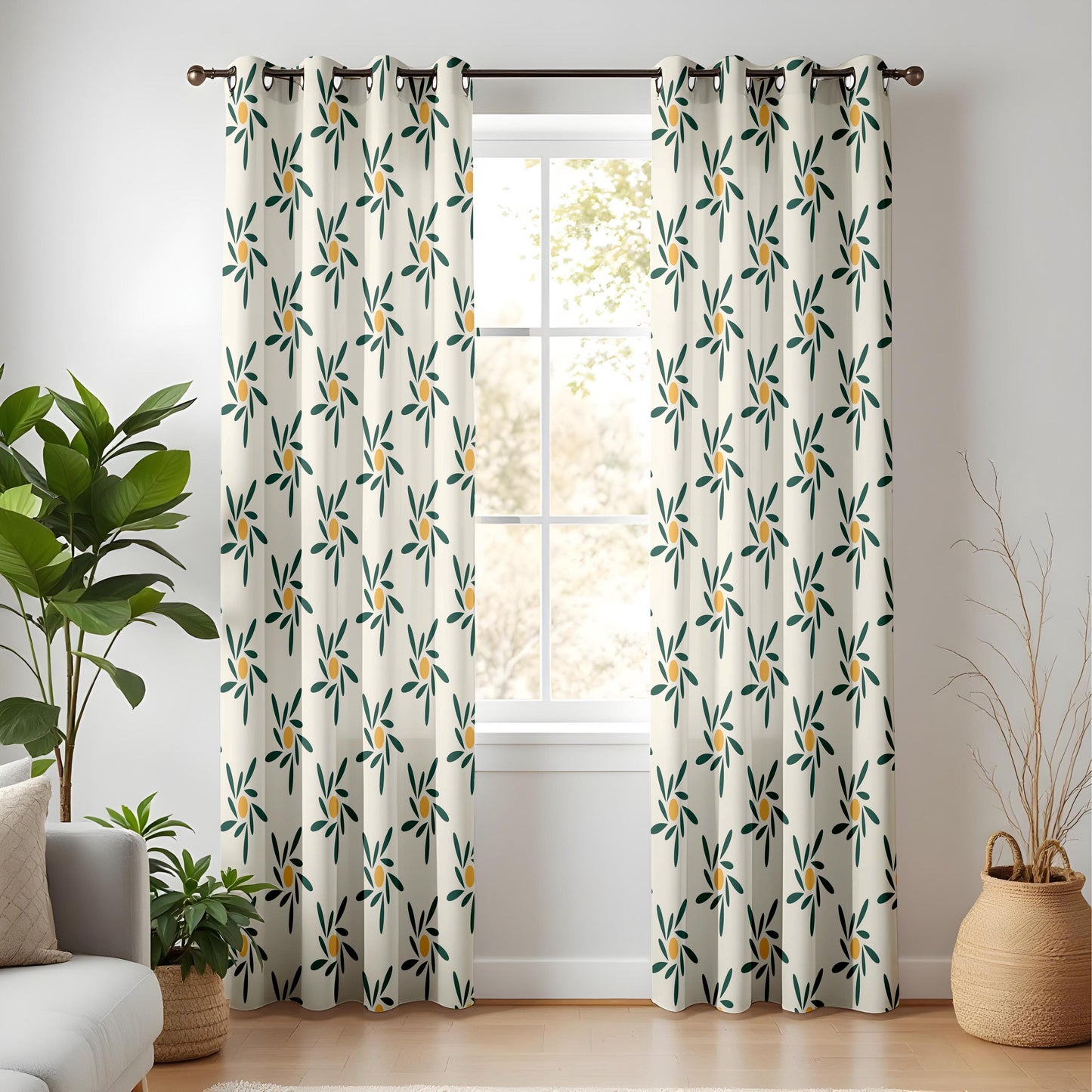 Onay Mid Century Modern Floral Curtains – Green Mustard Retro Sunburst Drapes