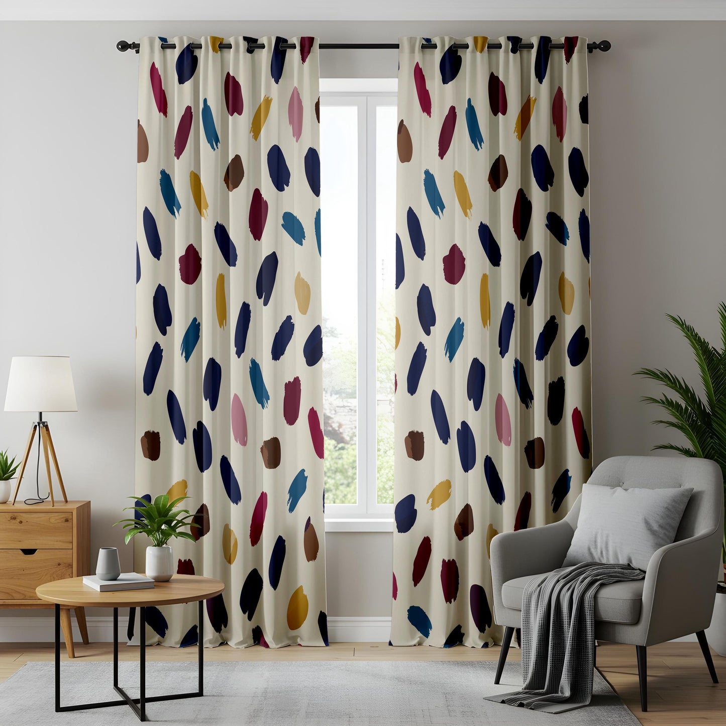 Onay Colorful Abstract Brushstroke Curtains – Navy Mustard Painterly Drapes
