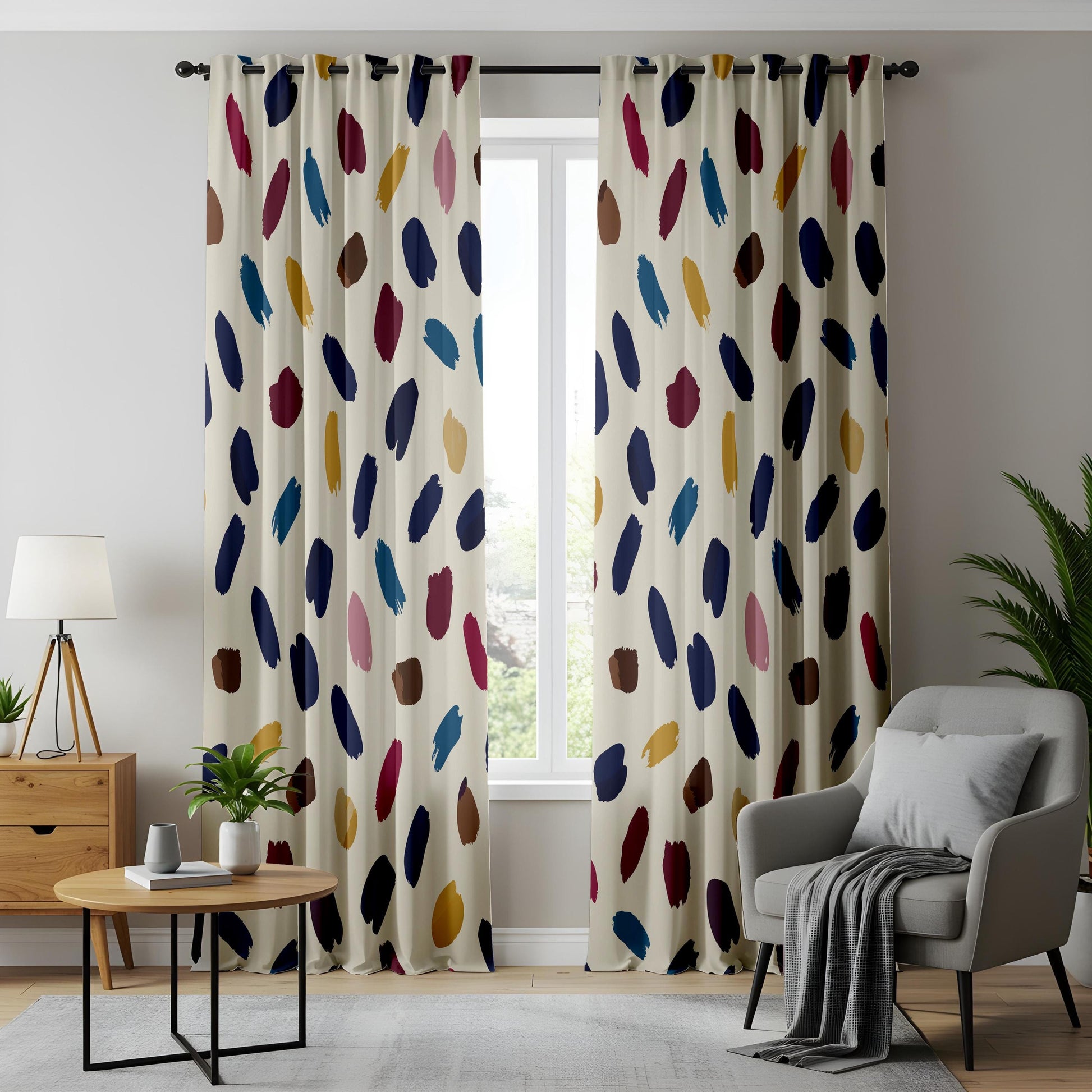 Onay Colorful Abstract Brushstroke Curtains – Navy Mustard Painterly Drapes