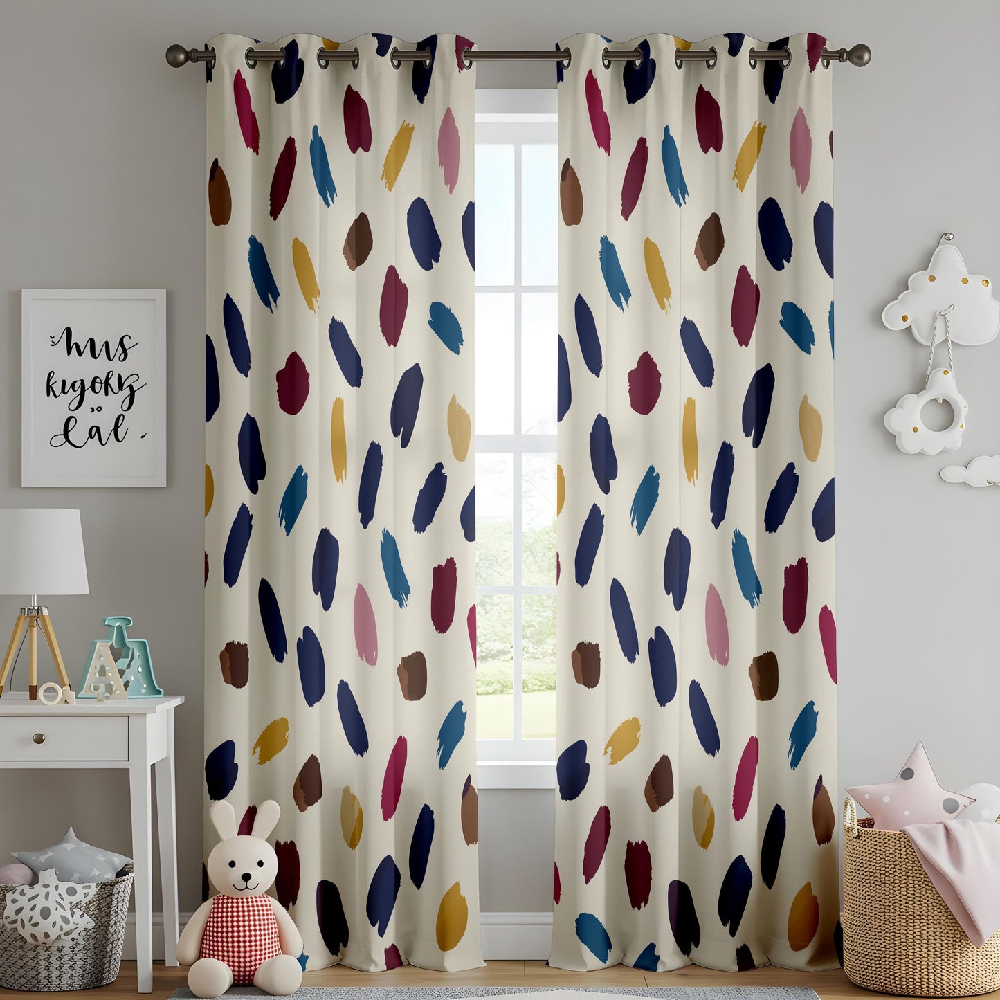 Onay Colorful Abstract Brushstroke Curtains – Navy Mustard Painterly Drapes