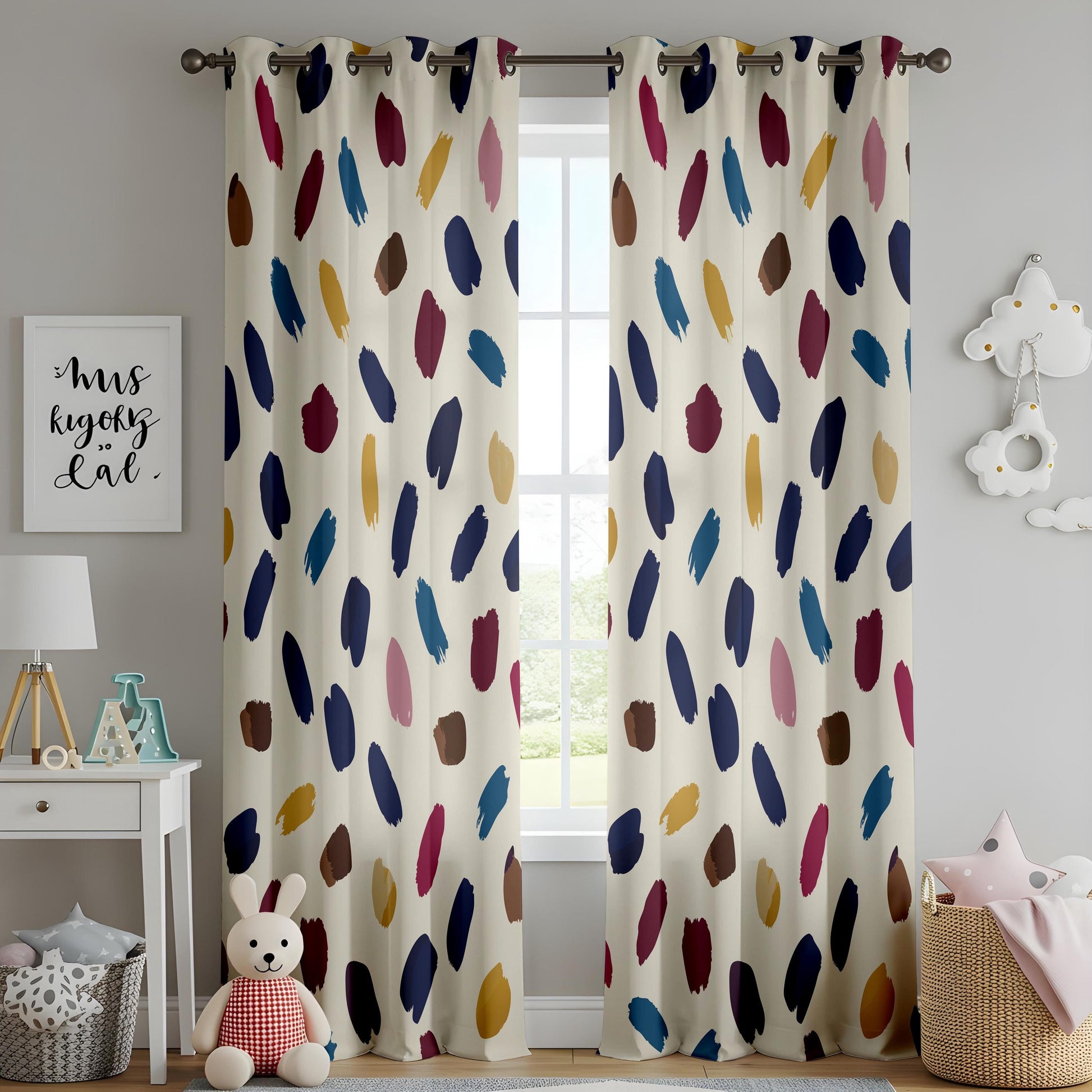 Onay Colorful Abstract Brushstroke Curtains – Navy Mustard Painterly Drapes
