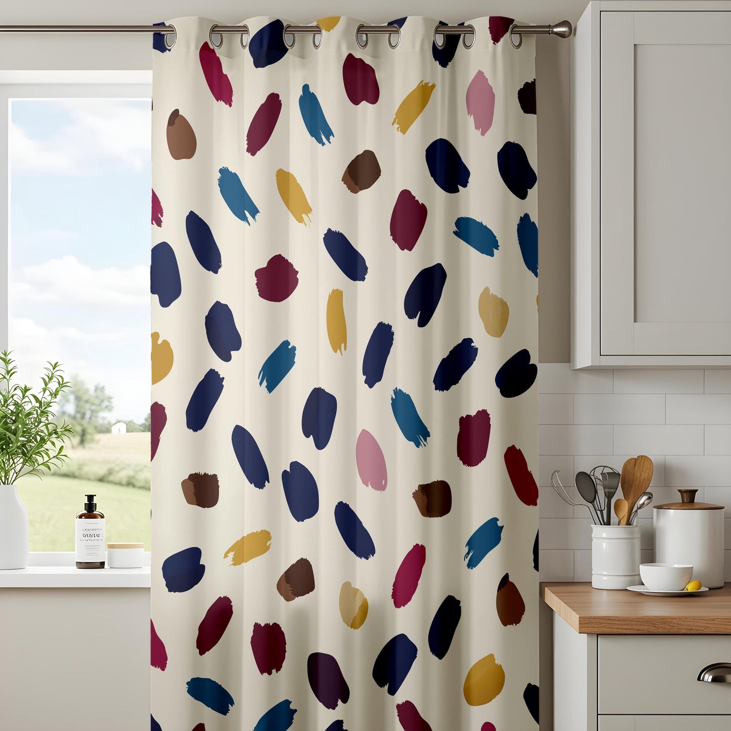 Onay Colorful Abstract Brushstroke Curtains – Navy Mustard Painterly Drapes