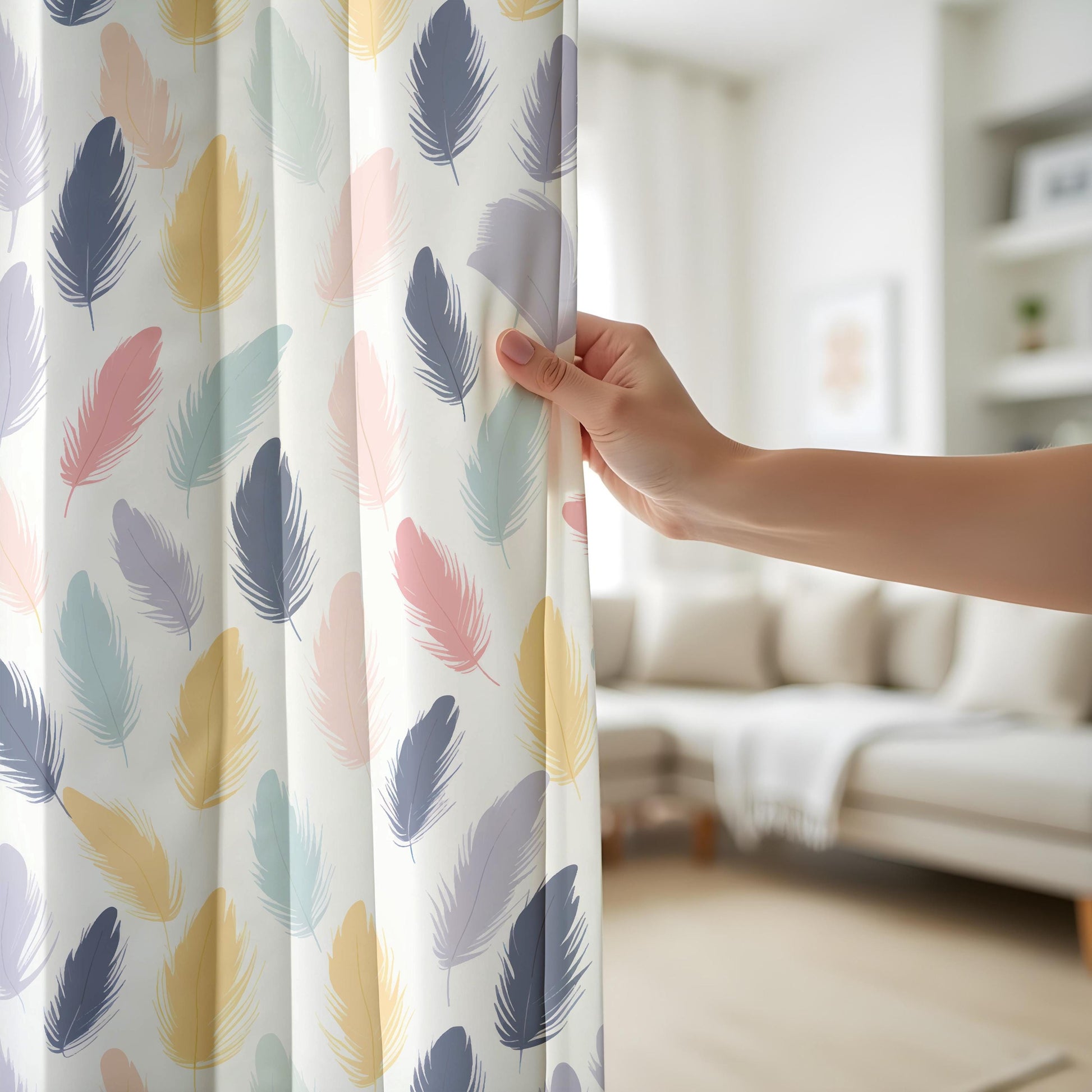 Onay Pastel Feather Print Curtains – Colorful Boho Window Drapes