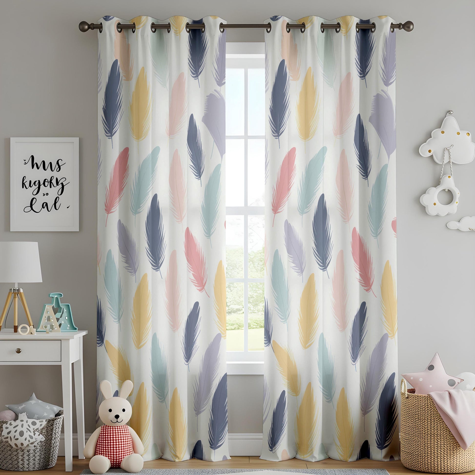 Onay Pastel Feather Print Curtains – Colorful Boho Window Drapes