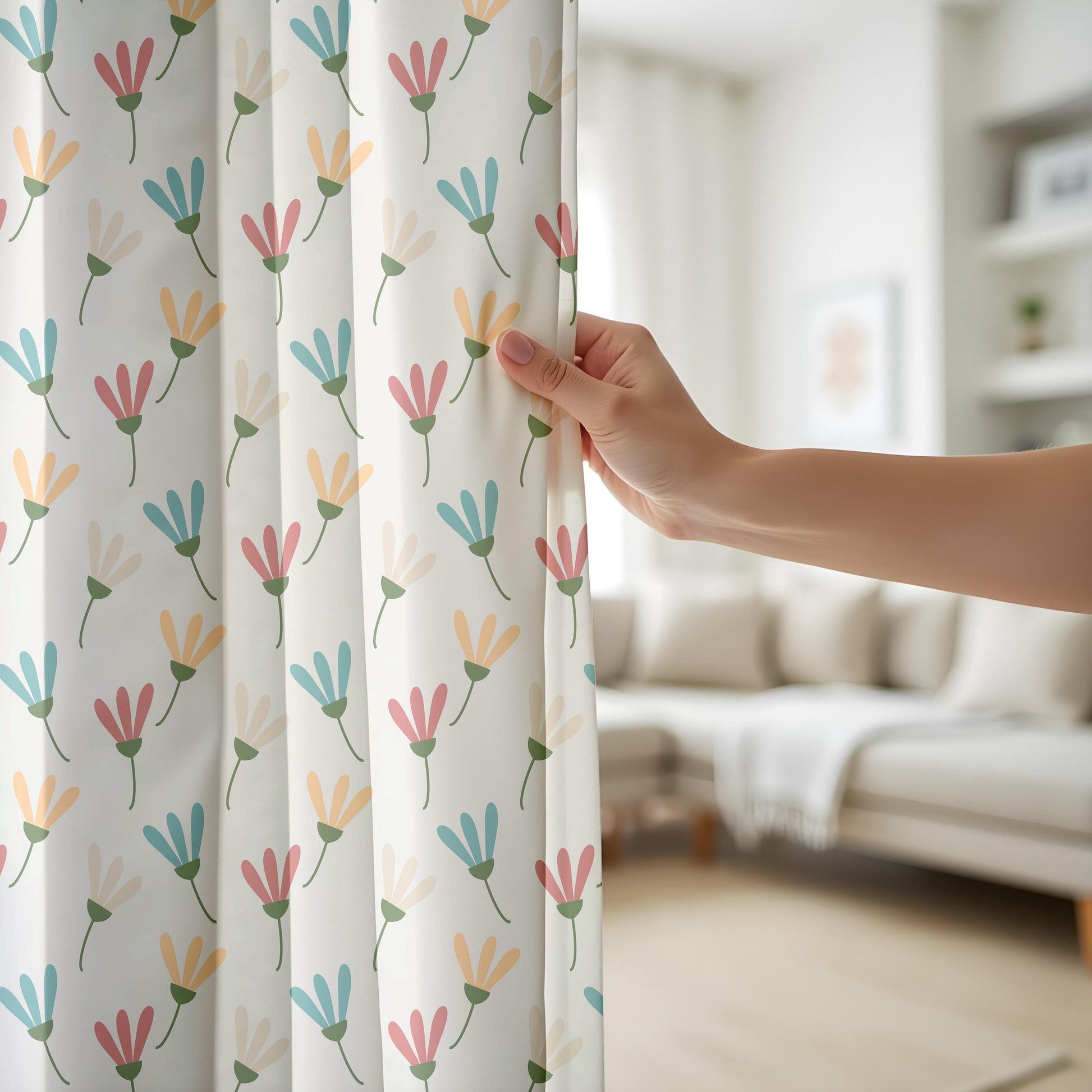 Onay Pastel Floral Minimalist Curtains – Scandi Flower Drapes