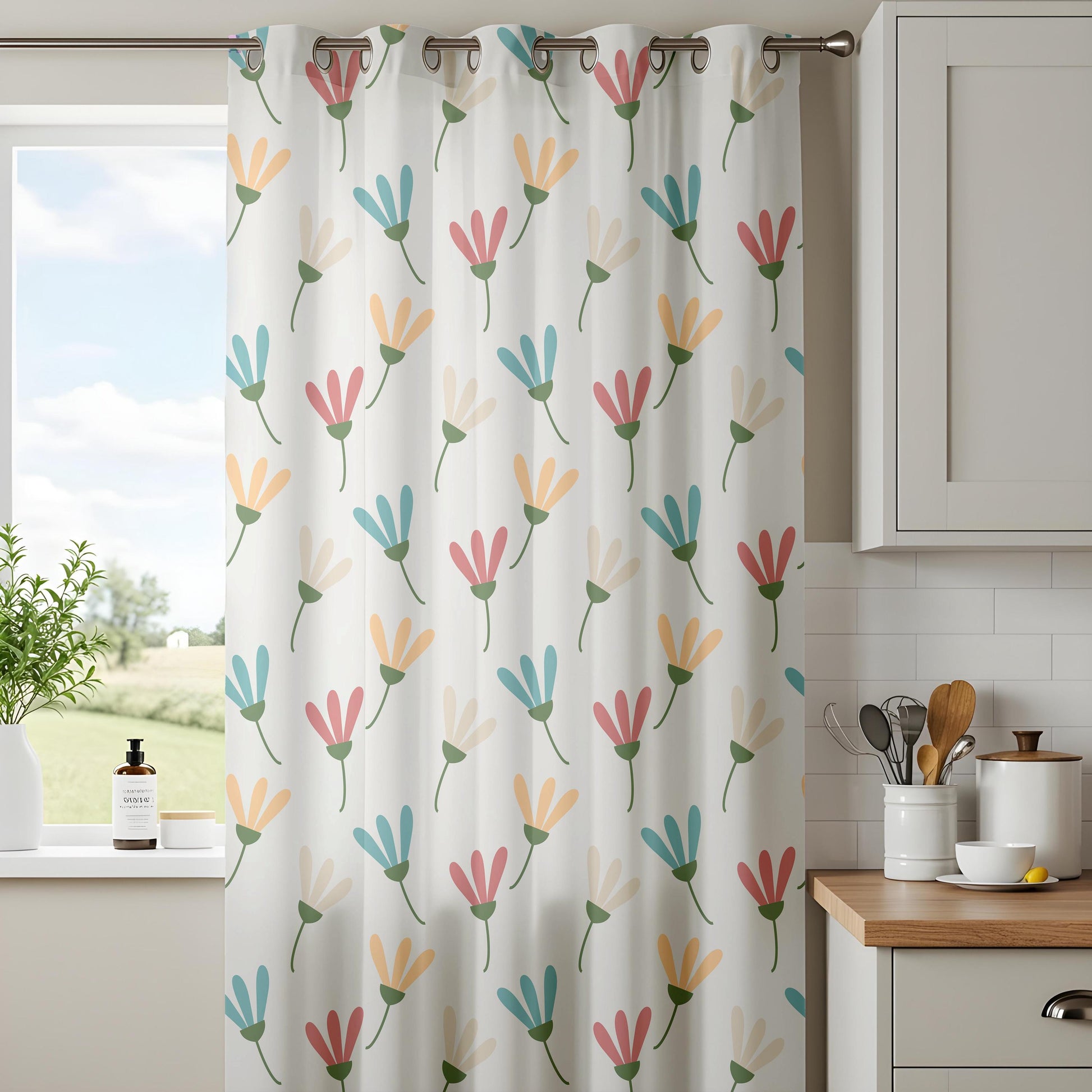 Onay Pastel Floral Minimalist Curtains – Scandi Flower Drapes