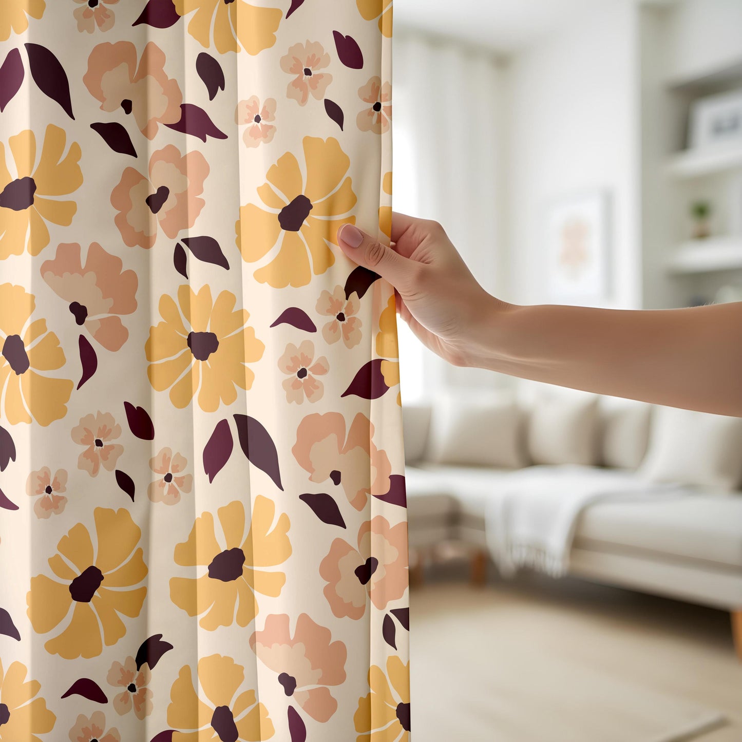 Onay Retro Mustard Floral Curtains – Mid Century Modern Flower Drapes