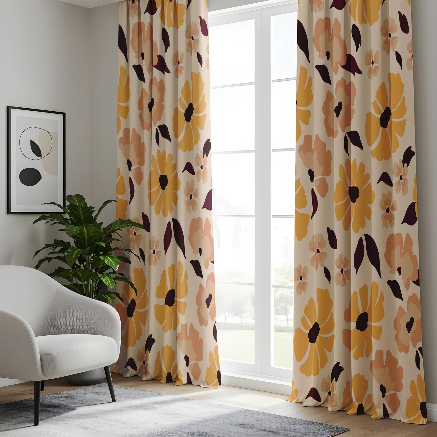Onay Retro Mustard Floral Curtains – Mid Century Modern Flower Drapes