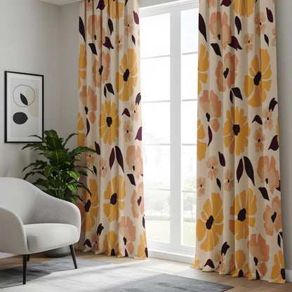 Onay Retro Mustard Floral Curtains – Mid Century Modern Flower Drapes
