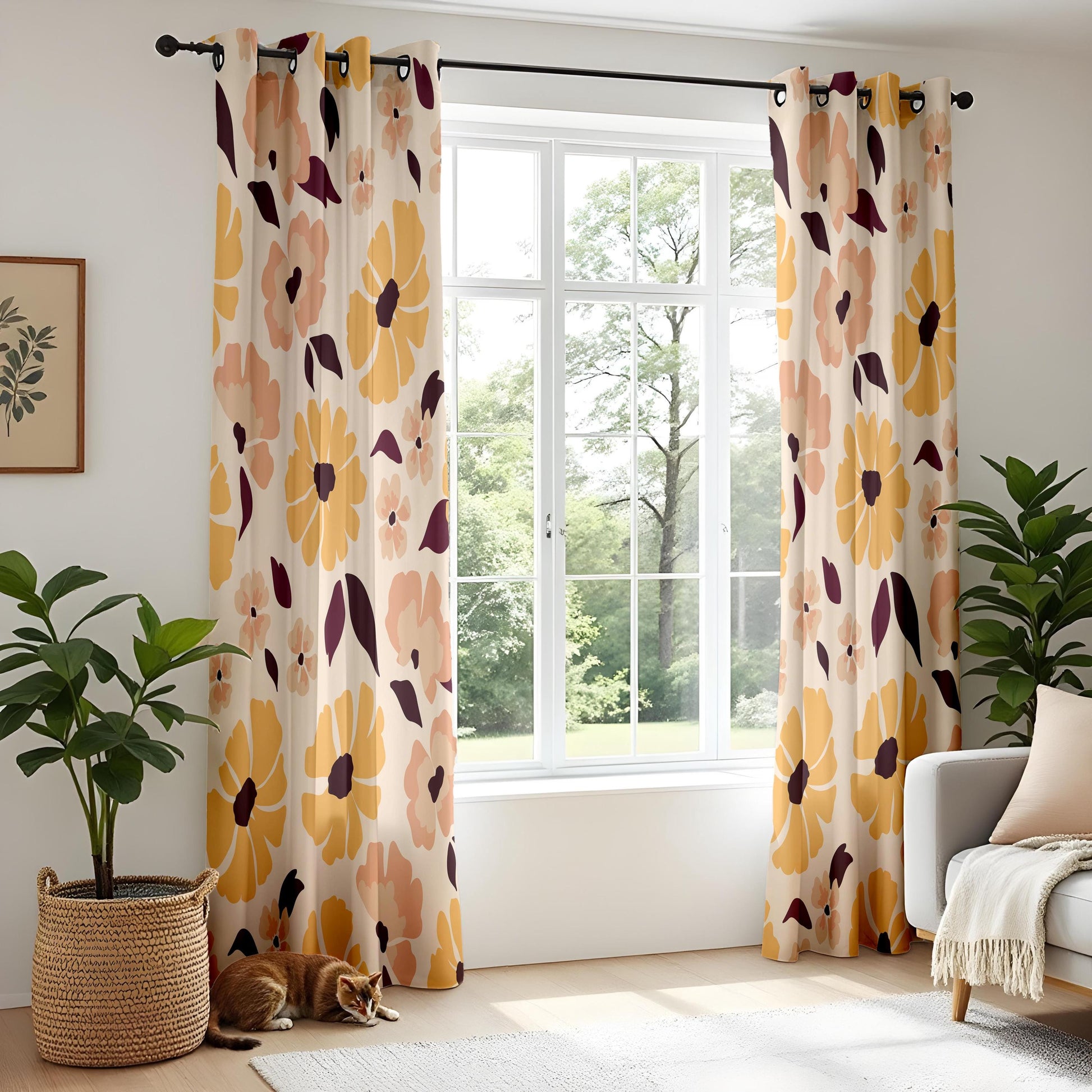 Onay Retro Mustard Floral Curtains – Mid Century Modern Flower Drapes