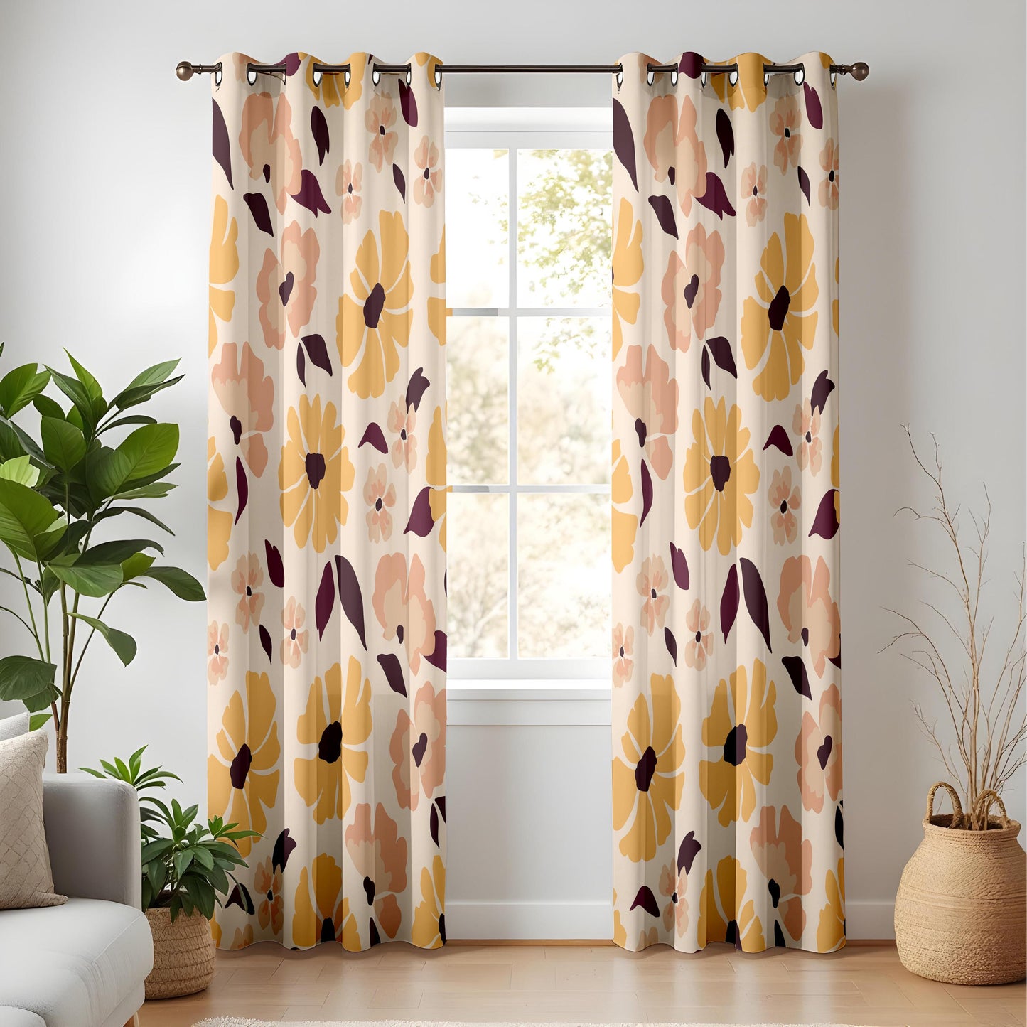 Onay Retro Mustard Floral Curtains – Mid Century Modern Flower Drapes