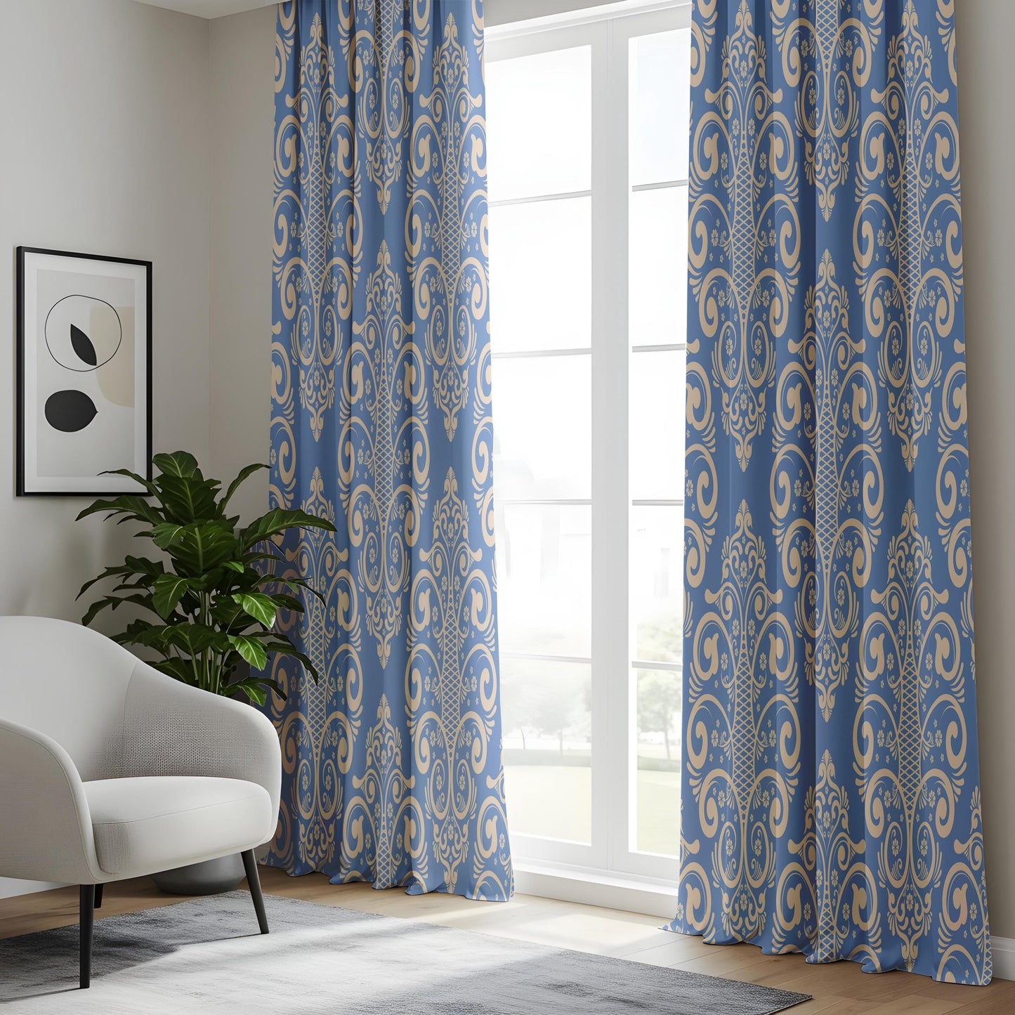 Onay French Blue Damask Curtains – Classic Victorian Medallion Drapes
