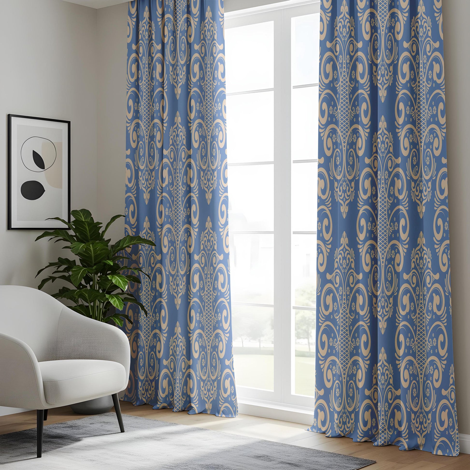 Onay French Blue Damask Curtains – Classic Victorian Medallion Drapes