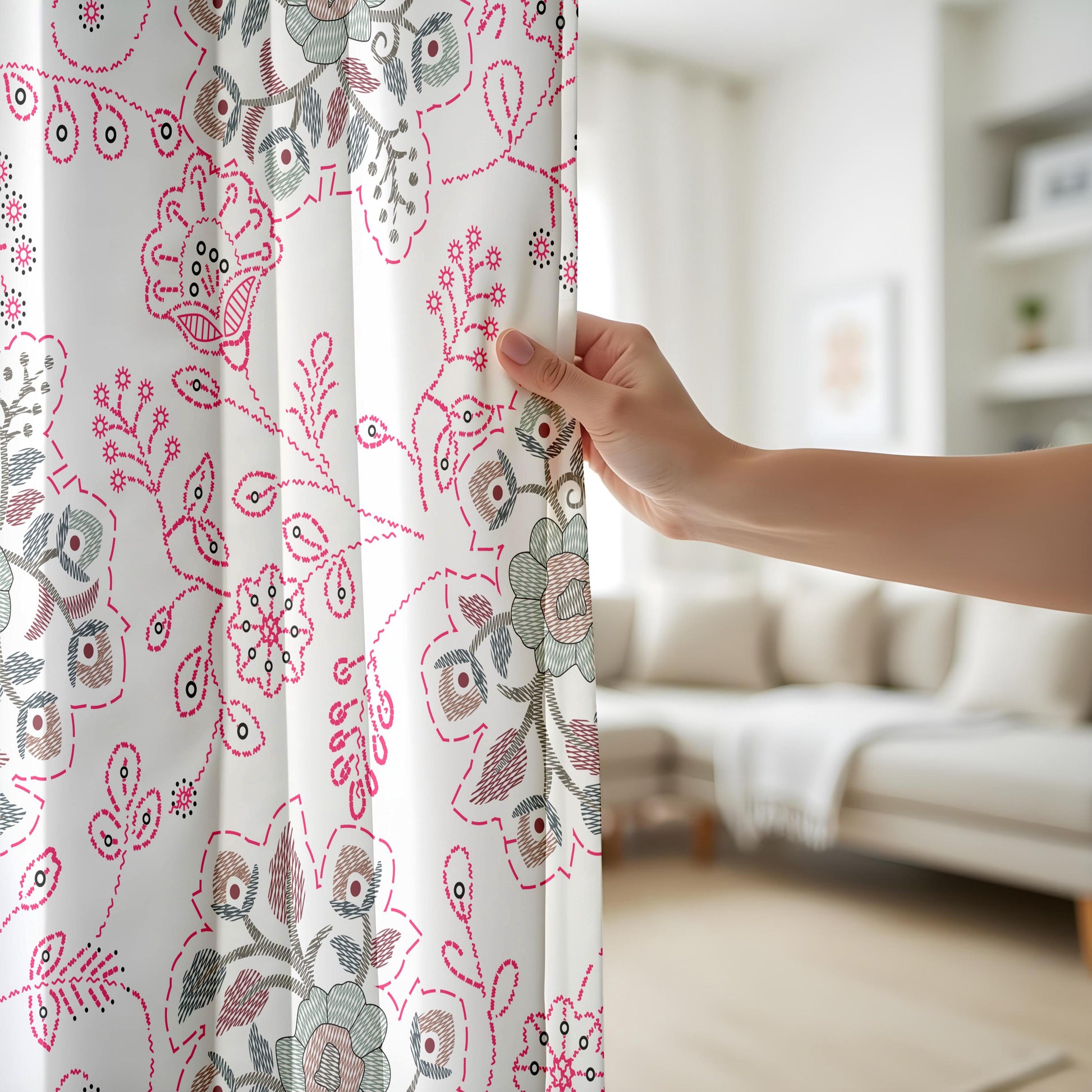 Onay Pink Suzani Floral Curtains – Embroidered Look Folk Art Drapes