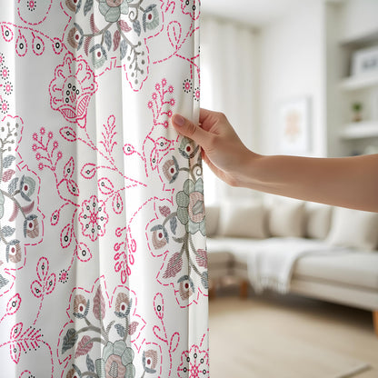 Onay Pink Suzani Floral Curtains – Embroidered Look Folk Art Drapes