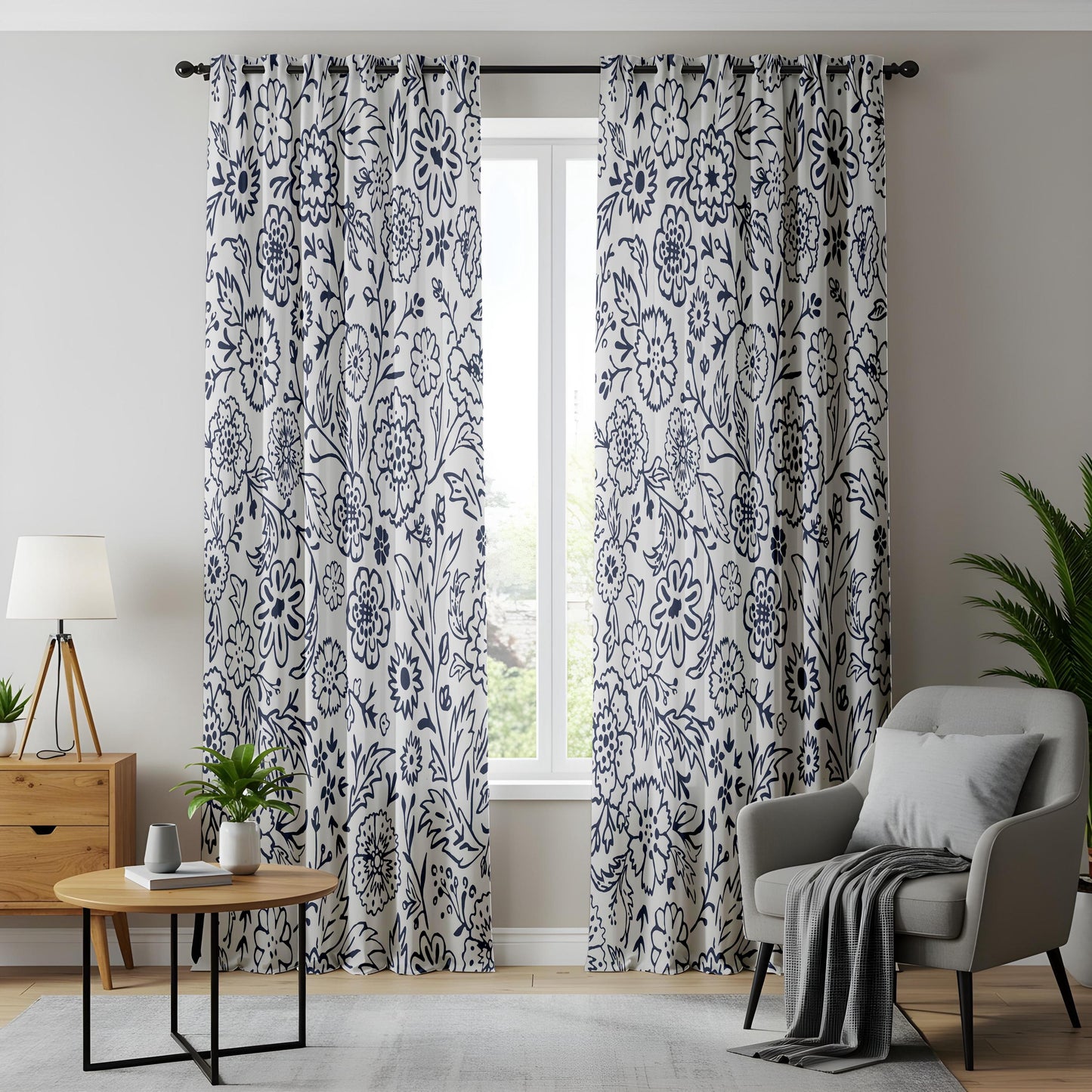 Onay Navy Blue Floral Curtains – Indigo White Botanical Drapes