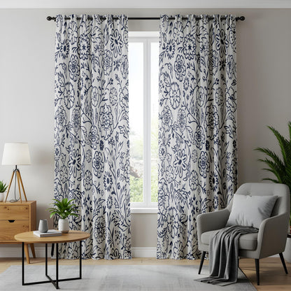 Onay Navy Blue Floral Curtains – Indigo White Botanical Drapes