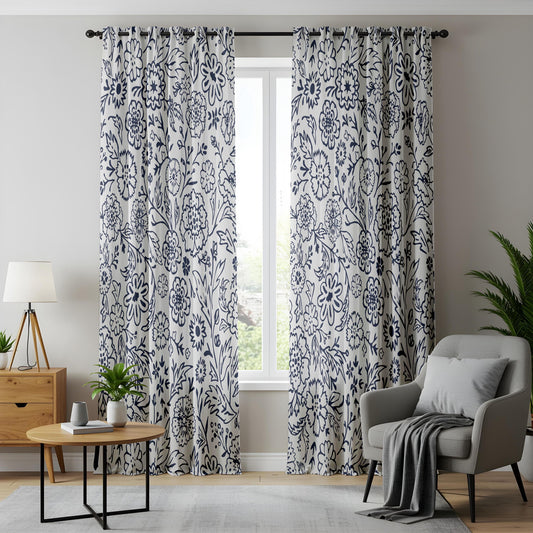 Onay Navy Blue Floral Curtains – Indigo White Botanical Drapes