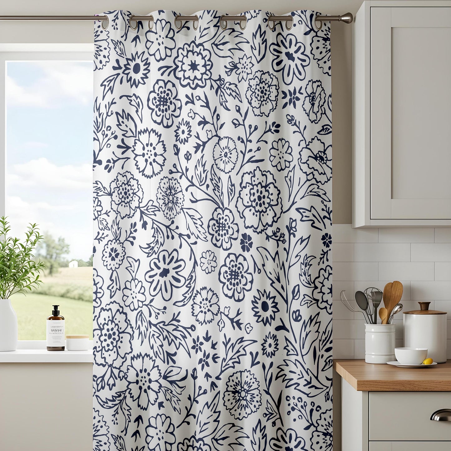 Onay Navy Blue Floral Curtains – Indigo White Botanical Drapes