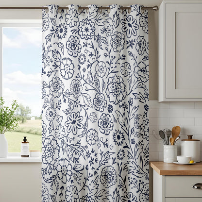 Onay Navy Blue Floral Curtains – Indigo White Botanical Drapes